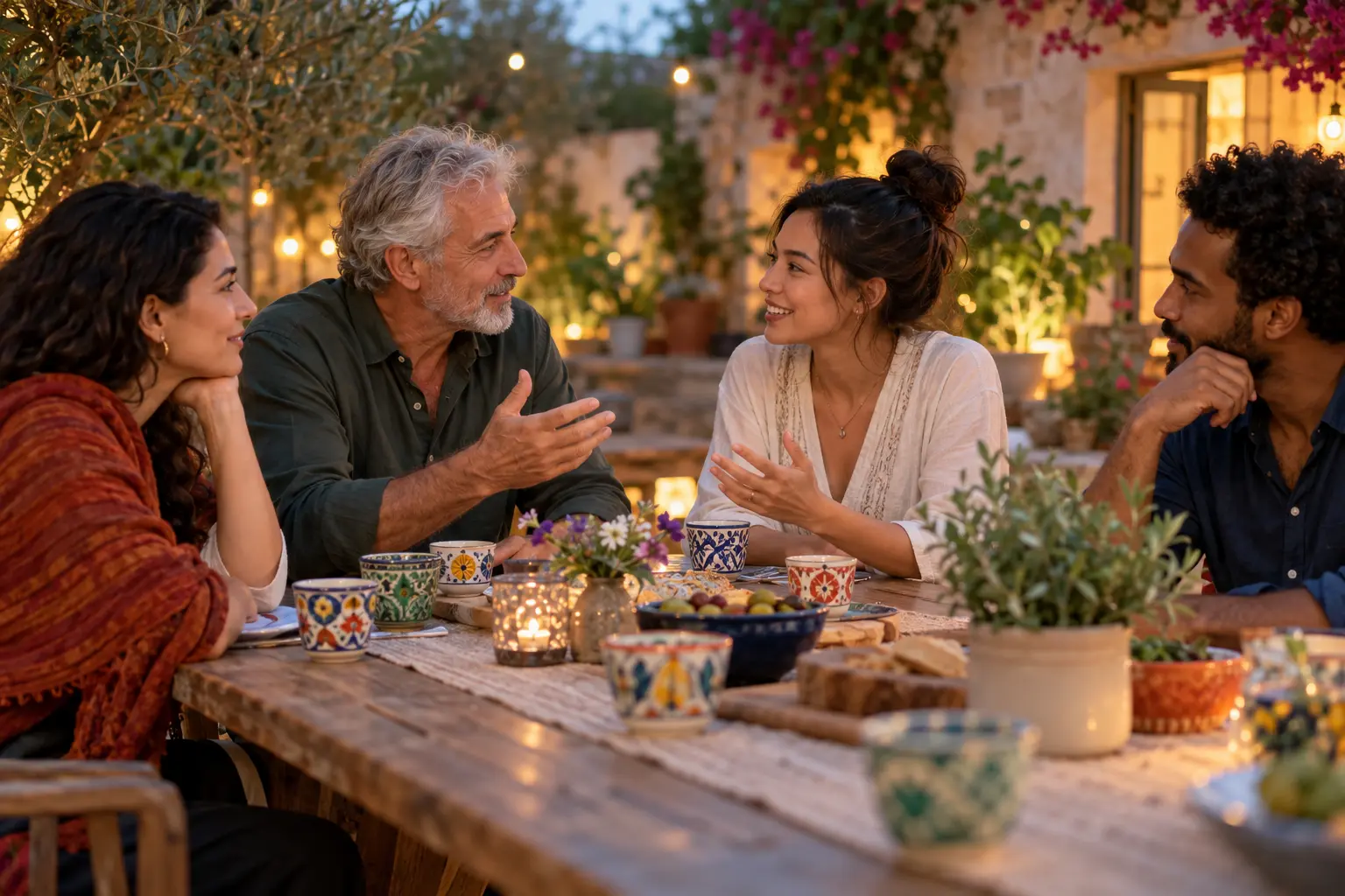 Escena ilustrativa de adultos compartiendo una conversación comunitaria pacífica.